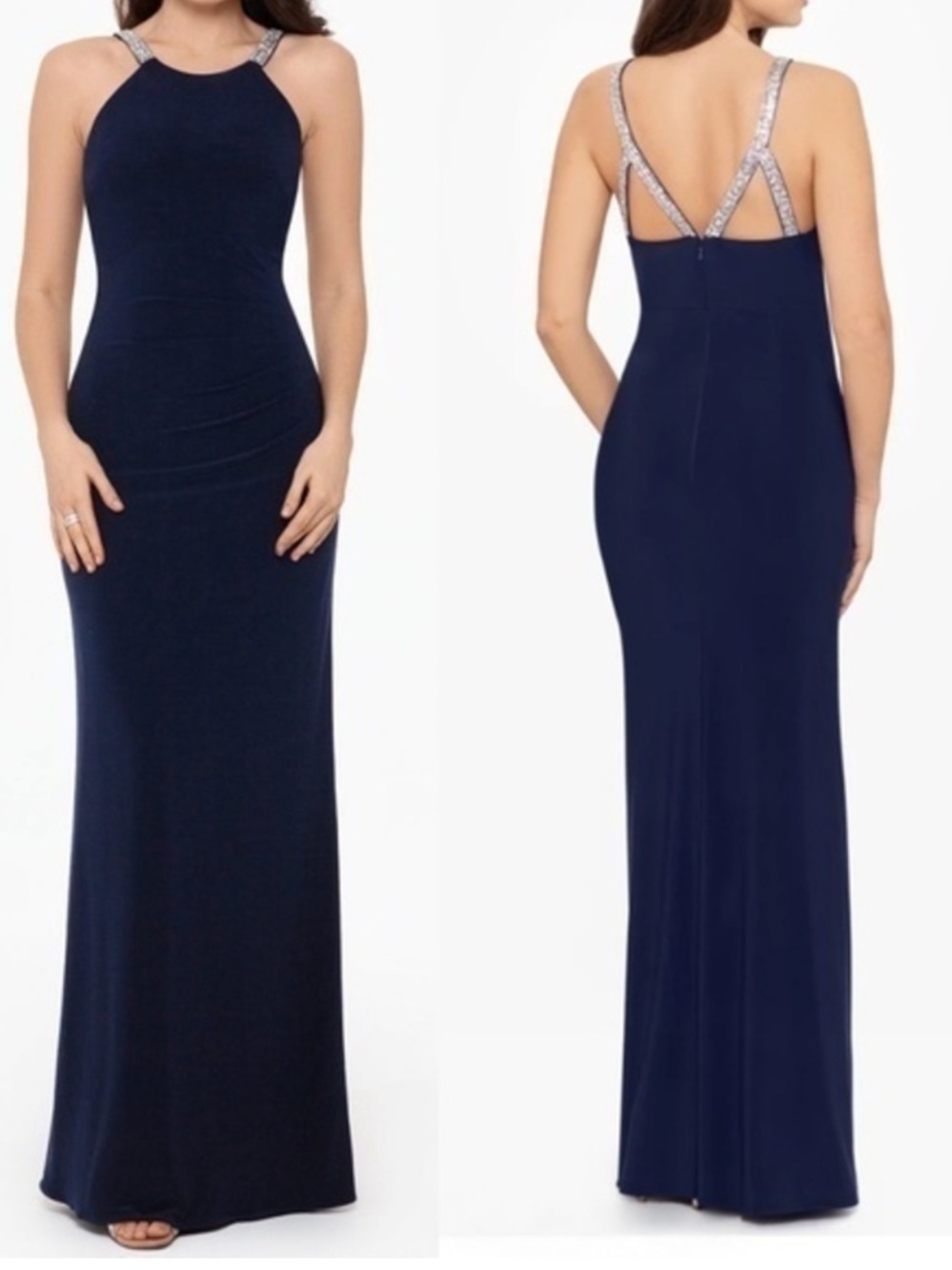 NWT Betsy & Adam Jayleen Halter Maxi Length Gown Ruched with Rhinestone Straps